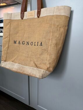 Magnolia Tan Jute Tote with Cream Trim and Brown Leather Handles